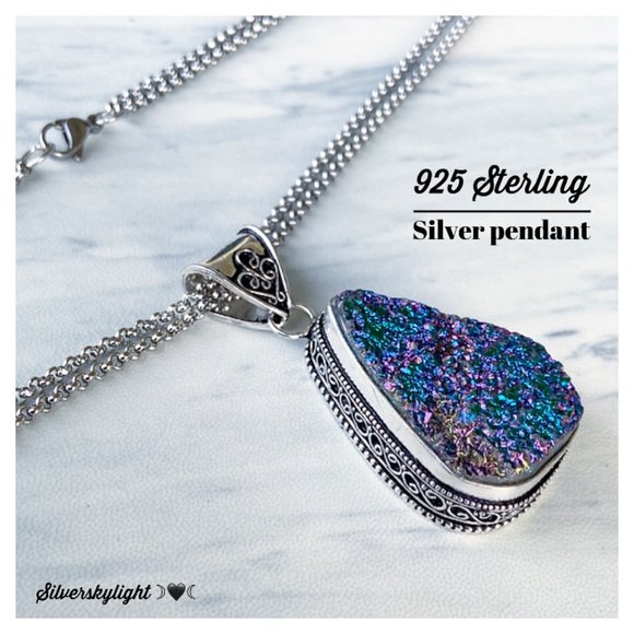 FREE GIFT BOX Agate Druzy Women 925 Sterling Silver Pendant